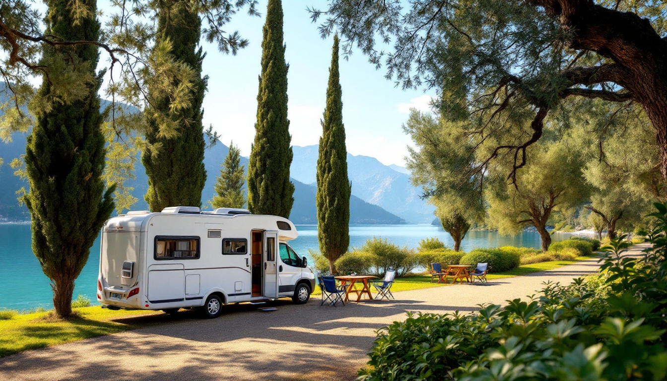 Camping Garda: Wohnmobil und Wohnwagen auf einem Campingplatz am Gardasee mit Seeblick und Bergen