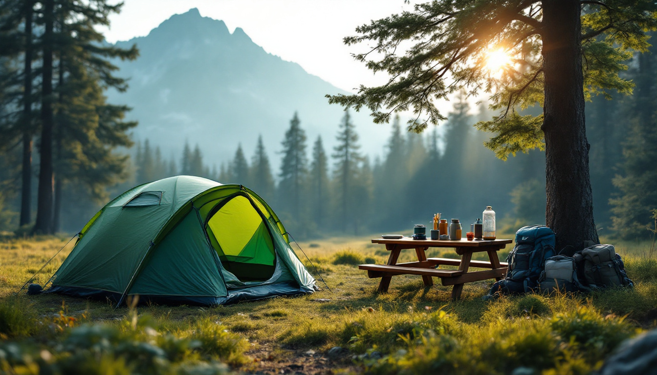 Camping natur: naturnaher Zeltplatz auf einer Waldlichtung mit Zelt und Ausrüstung