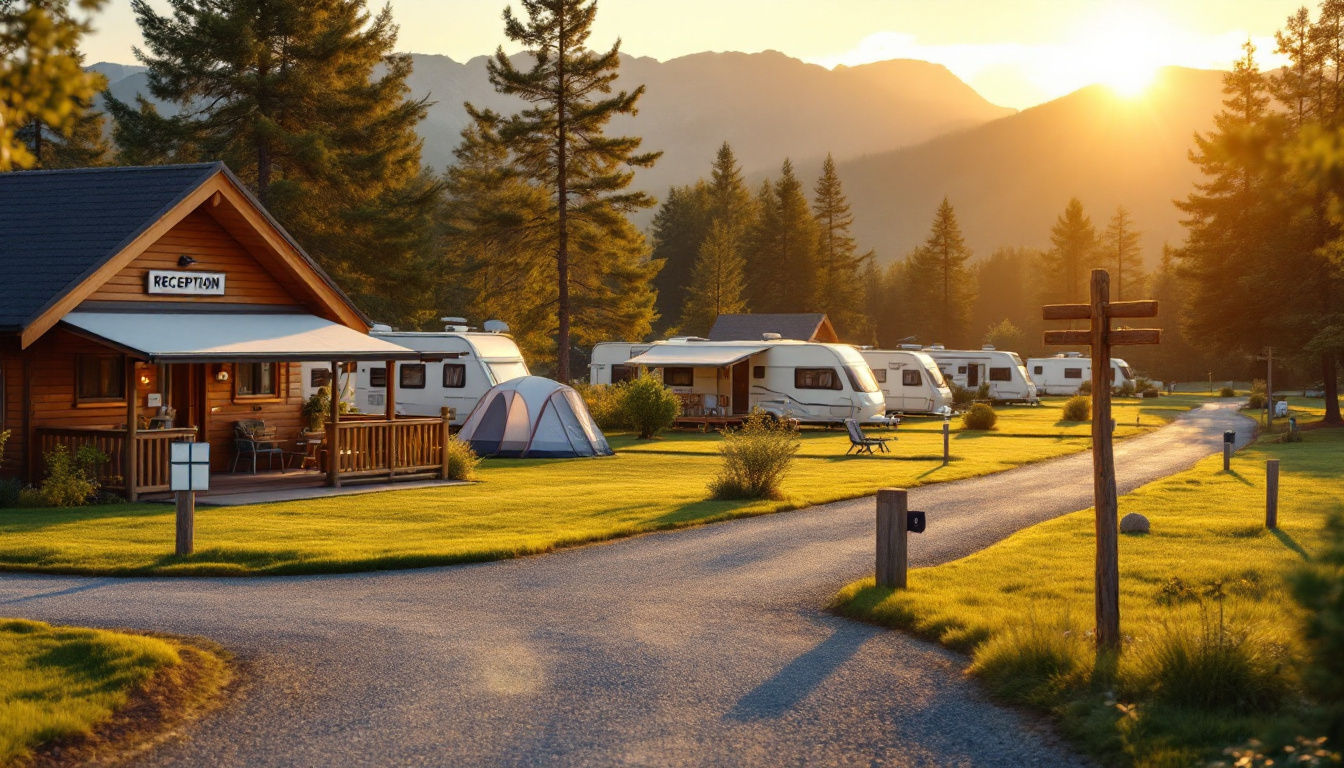 Übersicht über Campingplätze mit Wohnwagen, Zelt und Stromsäulen im Abendlicht
